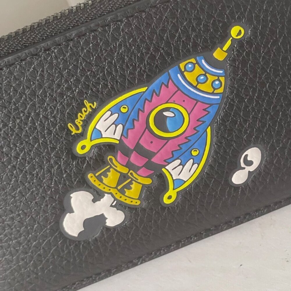 Coach Cosmic Coach Zip Card Case Rocket Ship Space CW222 Black Leather Wallet - Picture 6 of 6